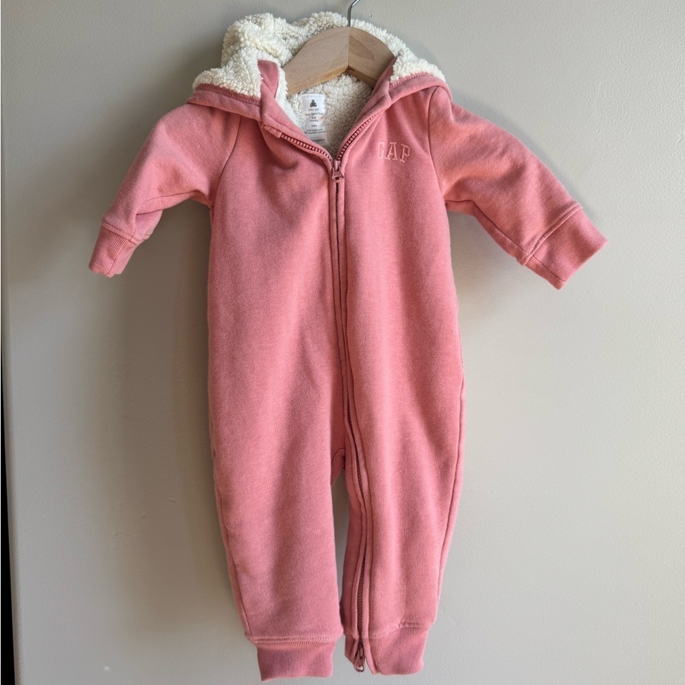 Baby GAP Pink Sherpa Lined Hooded Romper Zip One Piece Cozy 3–6M coquette girl